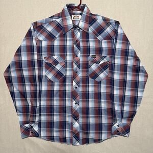 VTG Wrangler Shirt Mens Medium Blue Plaid Western Pearl Snap Sawtooth 70s 80s